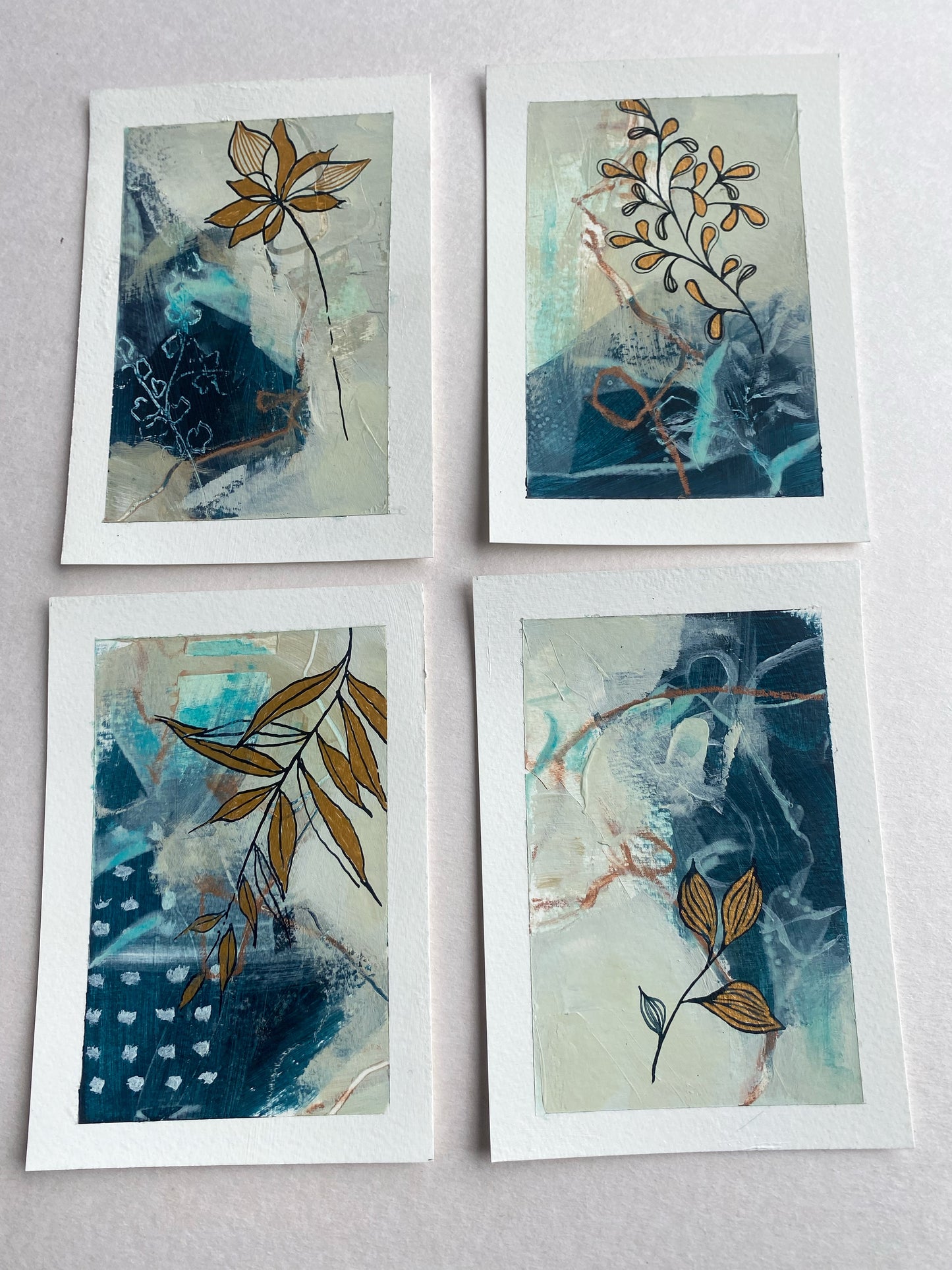 Go With the Flow I - Set of 4 mini original paintings with gold detail