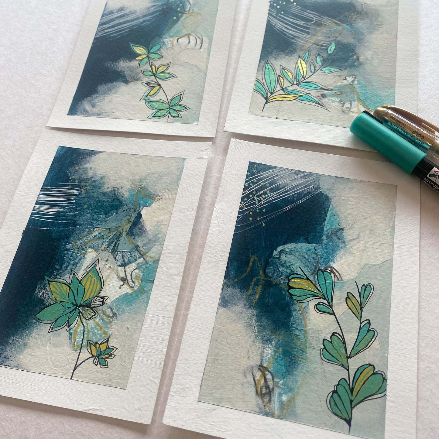 Go With the Flow II - set of 4 mini paintings with metallic detail
