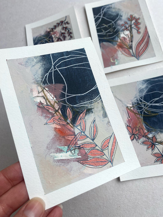 Go With the Flow III - set of 4 mini original paintings with metallic details