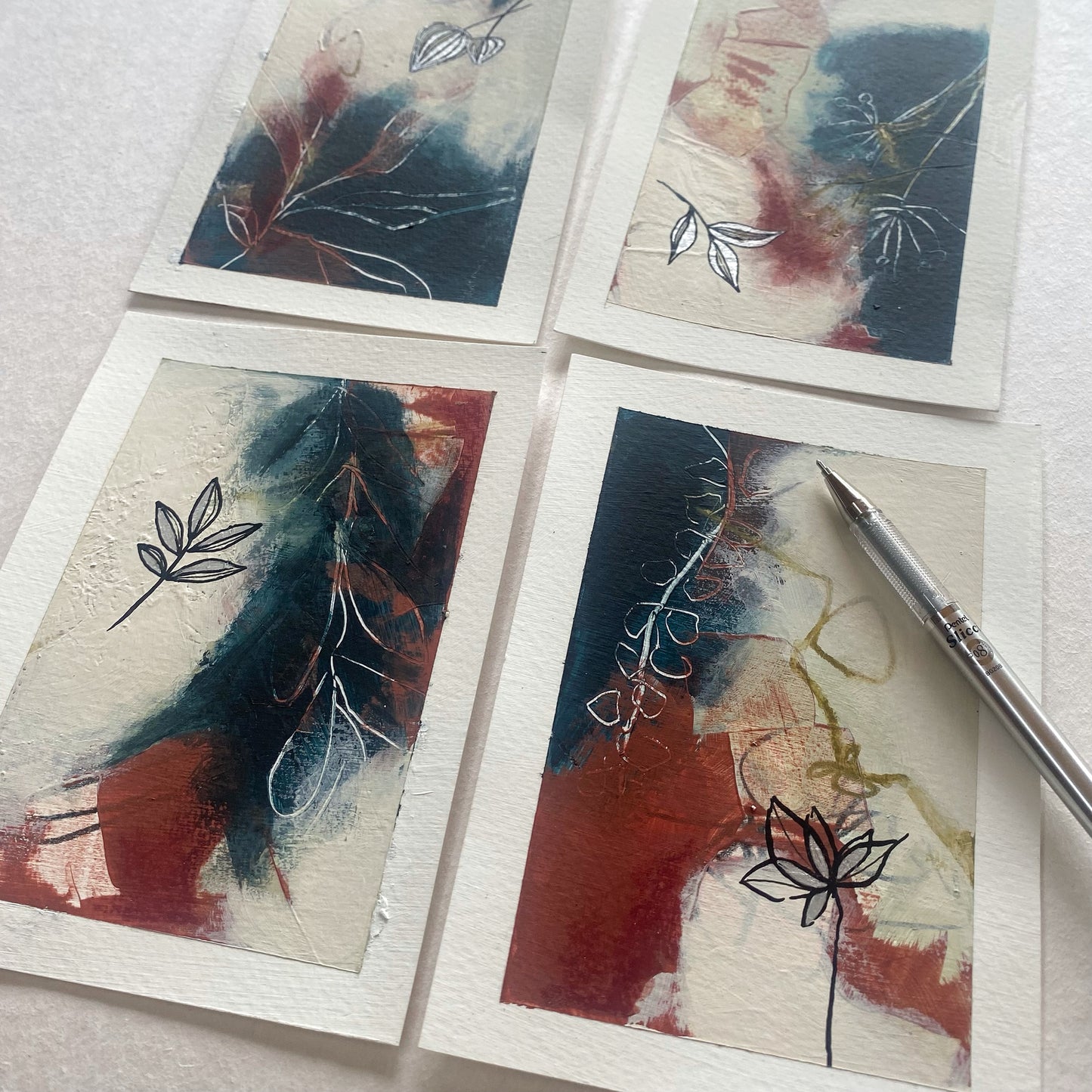 Go With the Flow V - set of 4 mini original paintings with silver detail