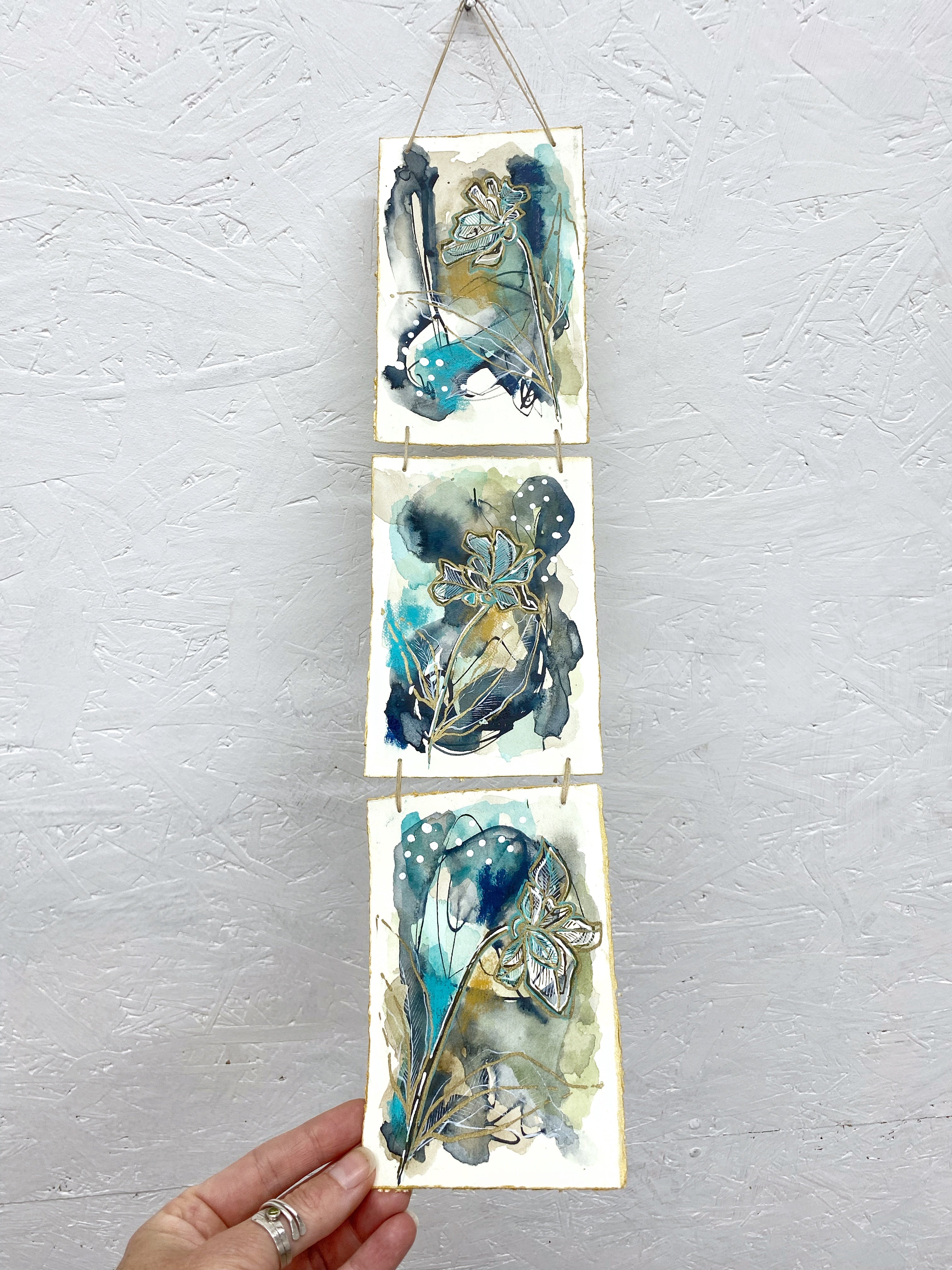 Turquoise Meadow - Original Painting, Triptych Wall Hanging