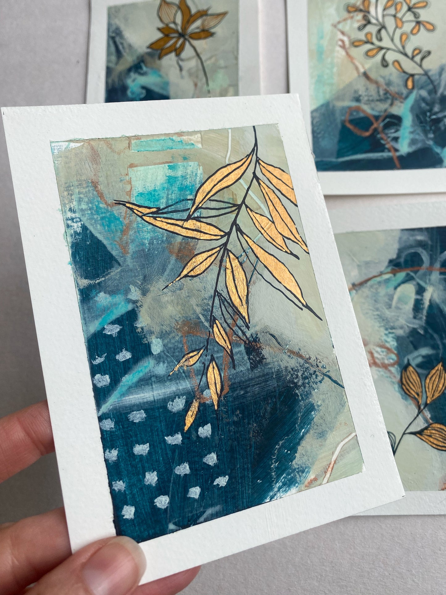 Go With the Flow I - Set of 4 mini original paintings with gold detail