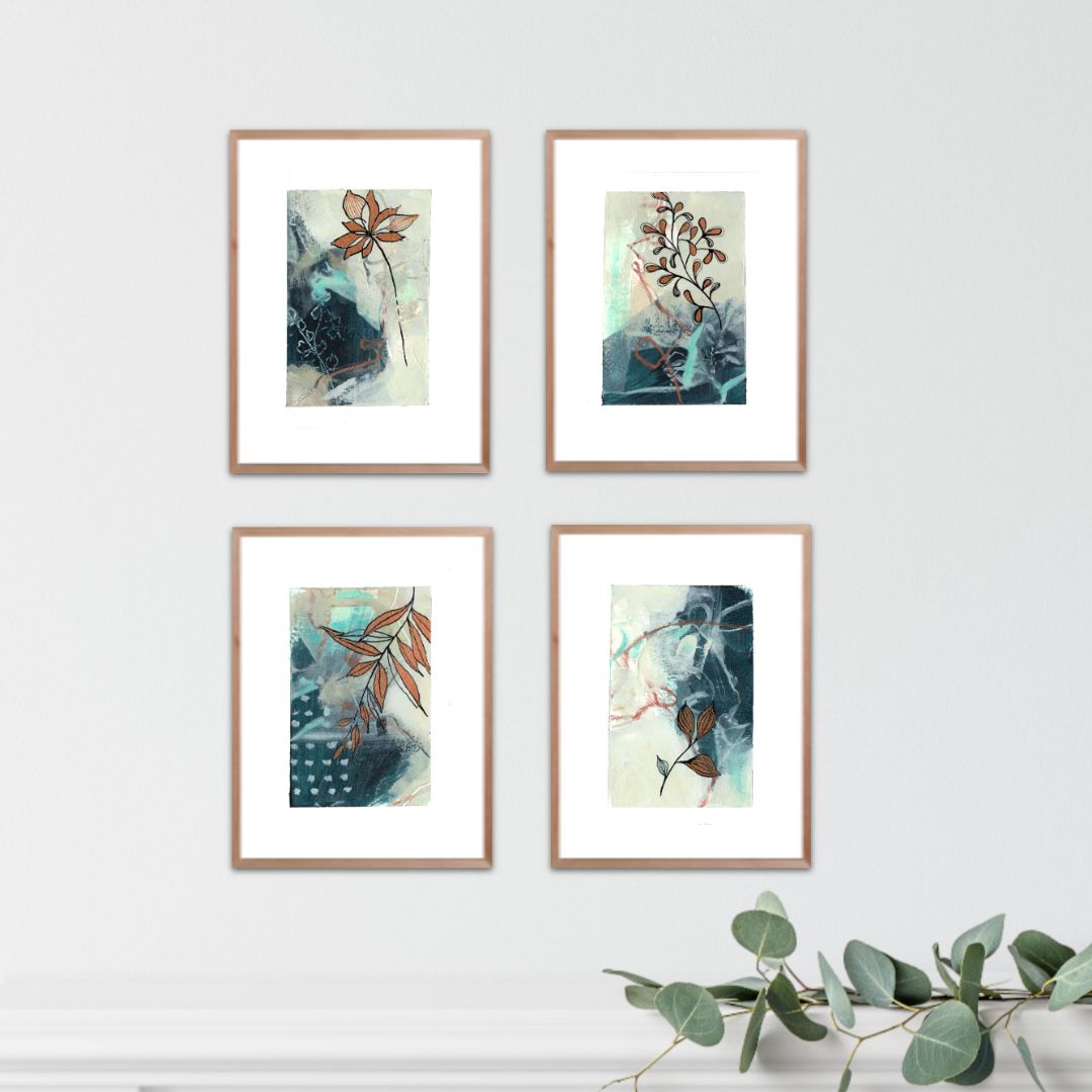 Go With the Flow I - Set of 4 mini original paintings with gold detail