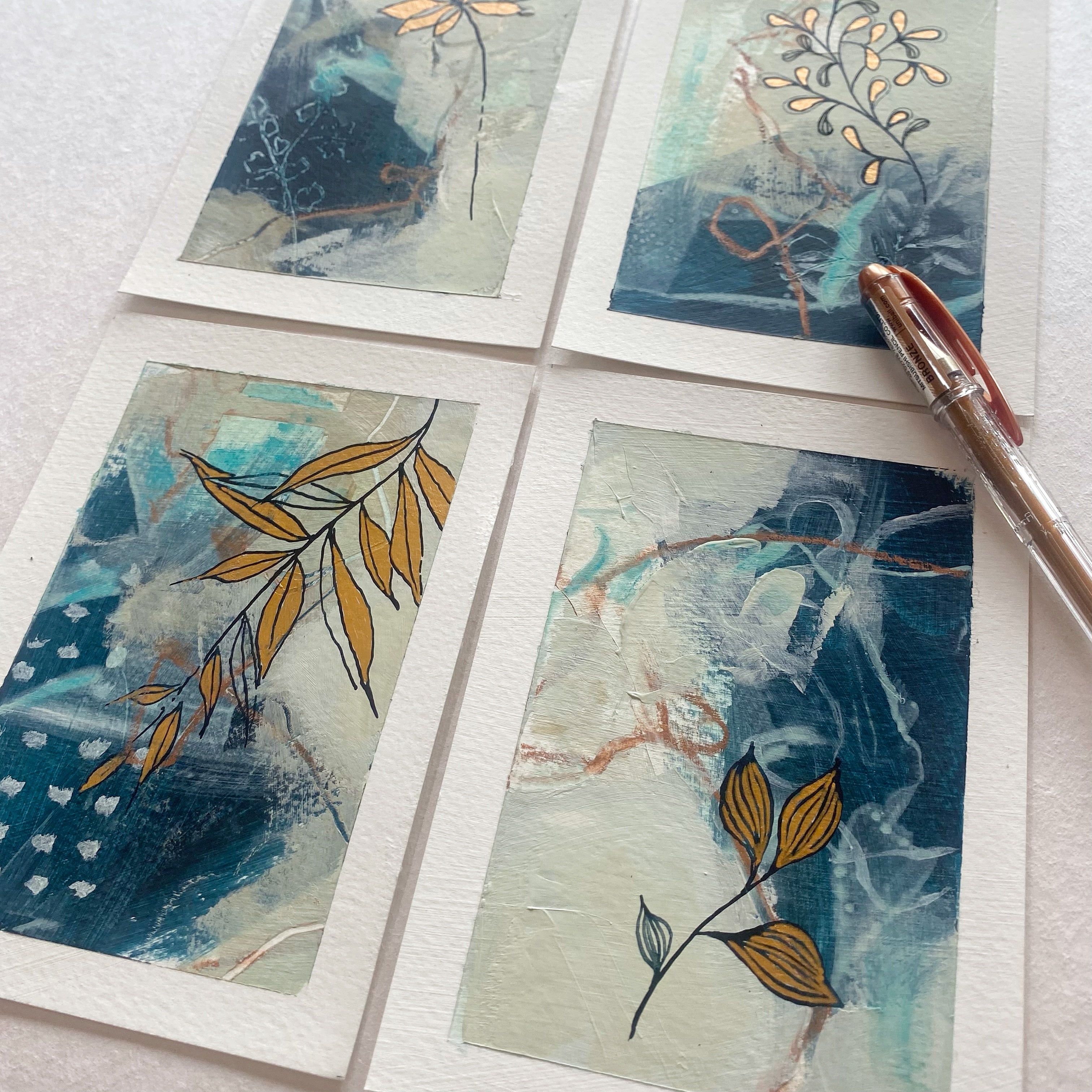 Go With the Flow I - Set of 4 mini original paintings with gold detail