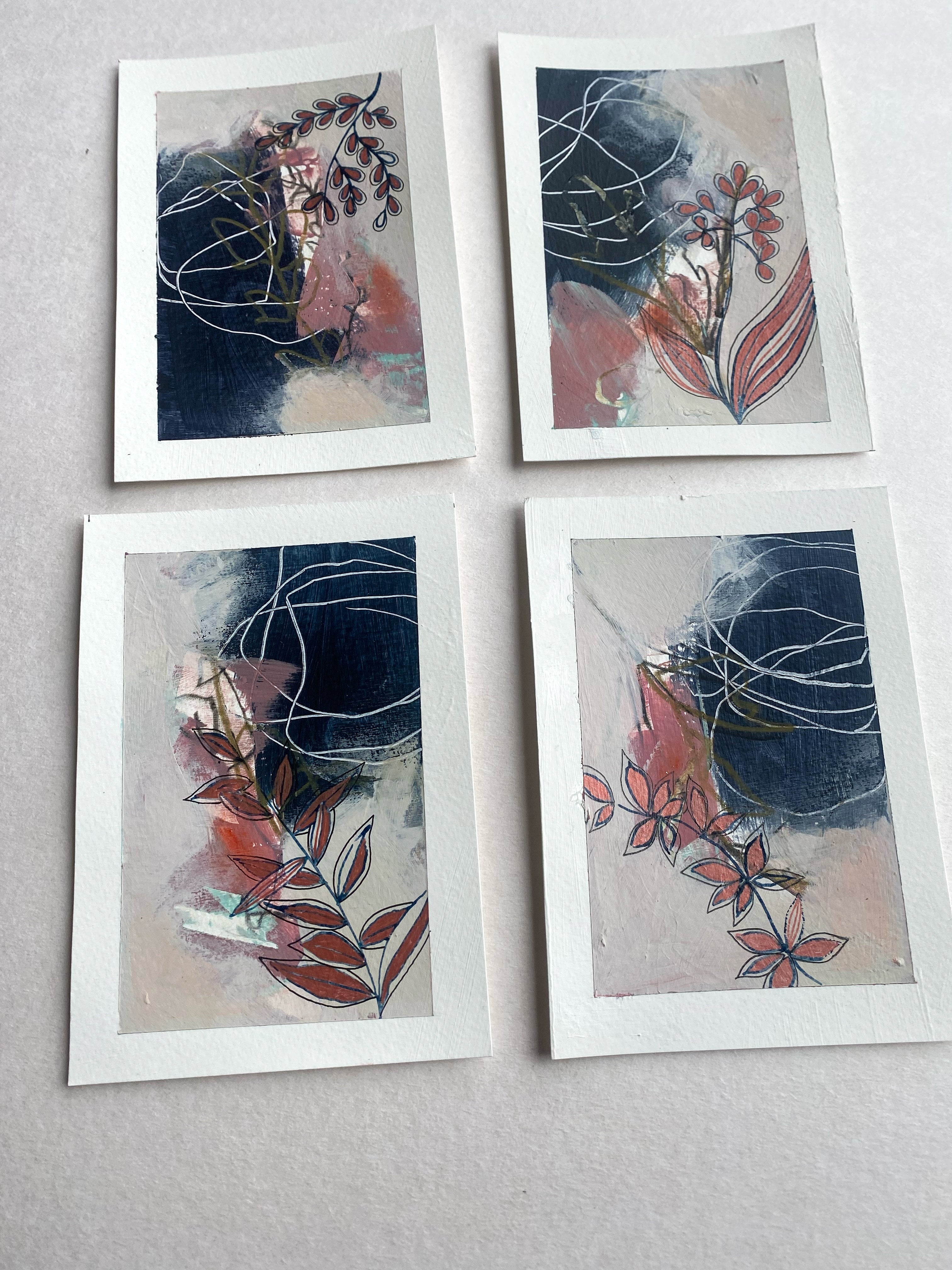 Go With the Flow III - set of 4 mini original paintings with metallic details