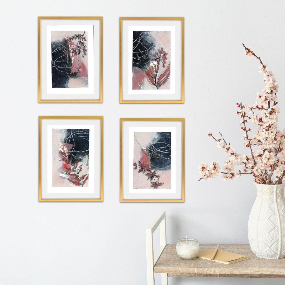 Go With the Flow III - set of 4 mini original paintings with metallic details