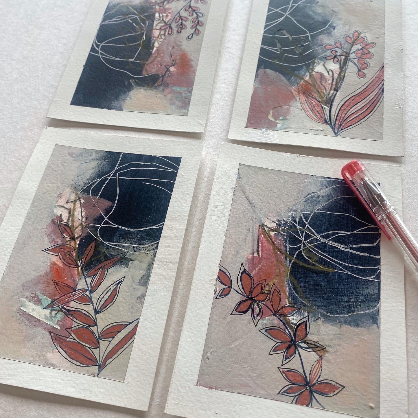 Go With the Flow III - set of 4 mini original paintings with metallic details